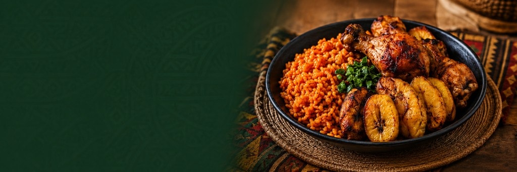 Prato afro — arroz, frango e banana